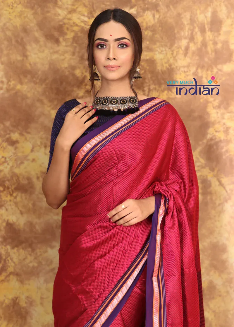 Andaaz ~ Authentic Cotton and Pure Resham Khun Saree With Contrast Pallu - Fresh Pink (Available in Red Border)