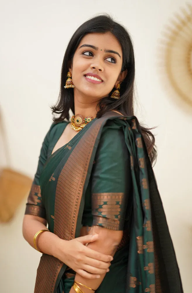 Attractive Dark Green Soft Silk Saree With Refreshing Blouse Piece