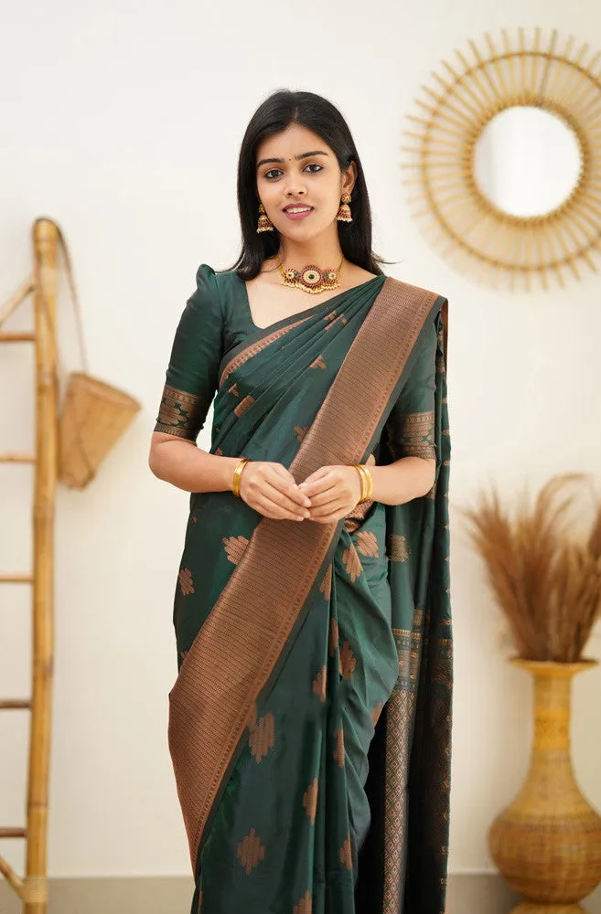 Attractive Dark Green Soft Silk Saree With Refreshing Blouse Piece