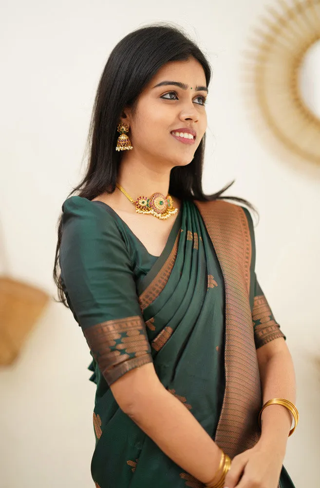 Attractive Dark Green Soft Silk Saree With Refreshing Blouse Piece