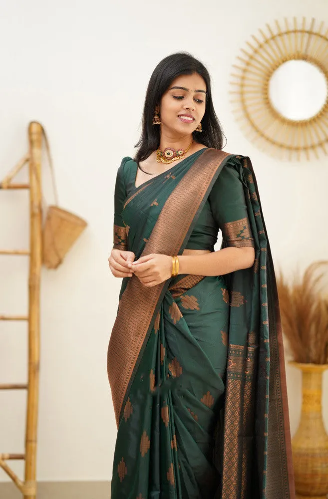 Attractive Dark Green Soft Silk Saree With Refreshing Blouse Piece