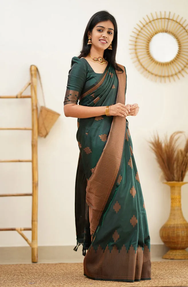 Attractive Dark Green Soft Silk Saree With Refreshing Blouse Piece