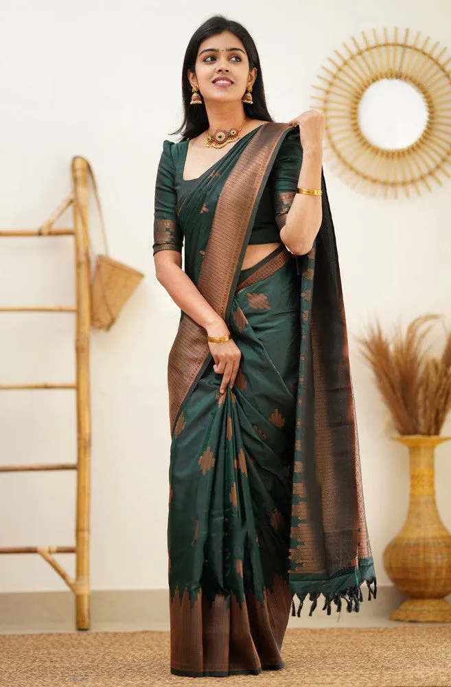 Attractive Dark Green Soft Silk Saree With Refreshing Blouse Piece