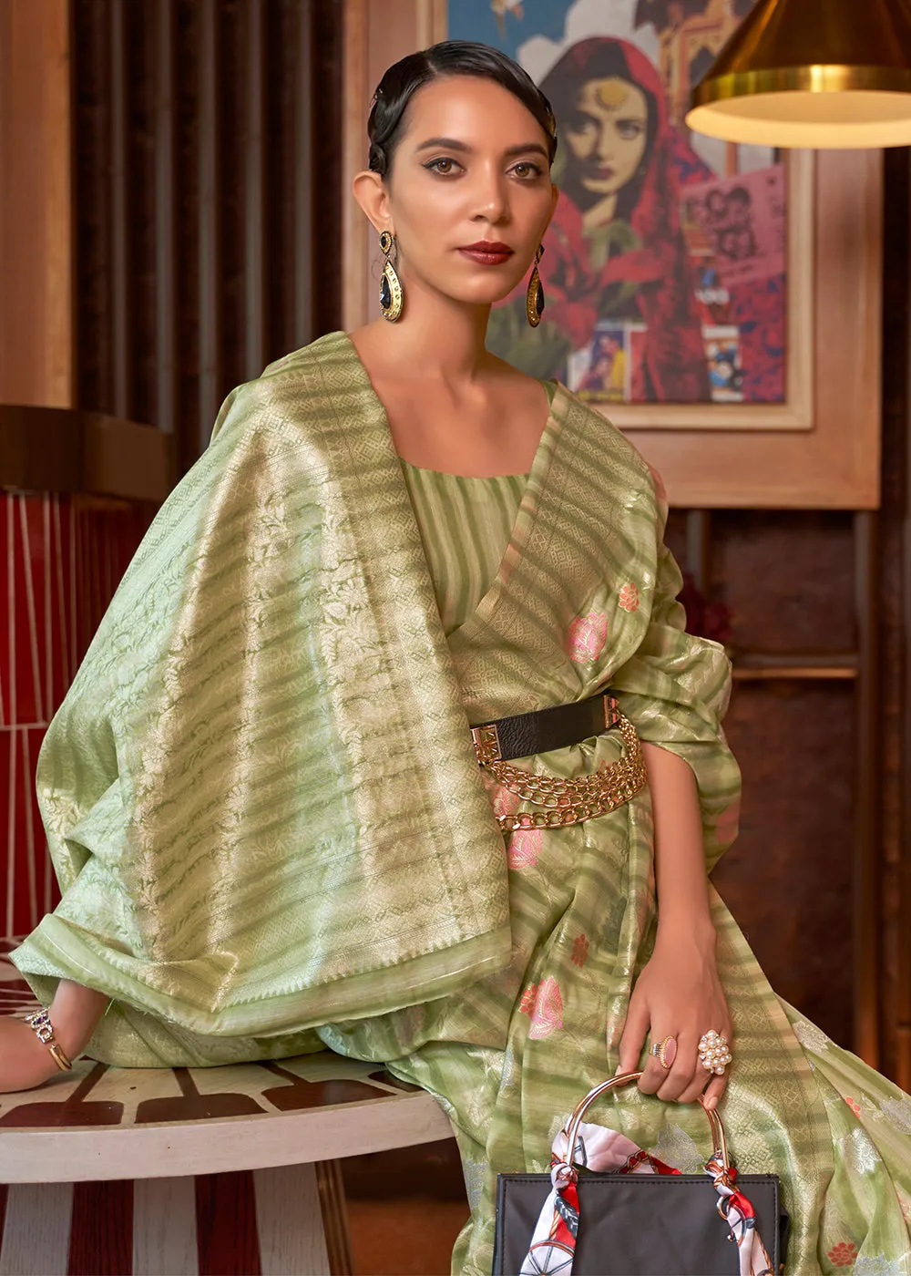 Awesome Green Linen Fabric Party Wear Weaving Saree