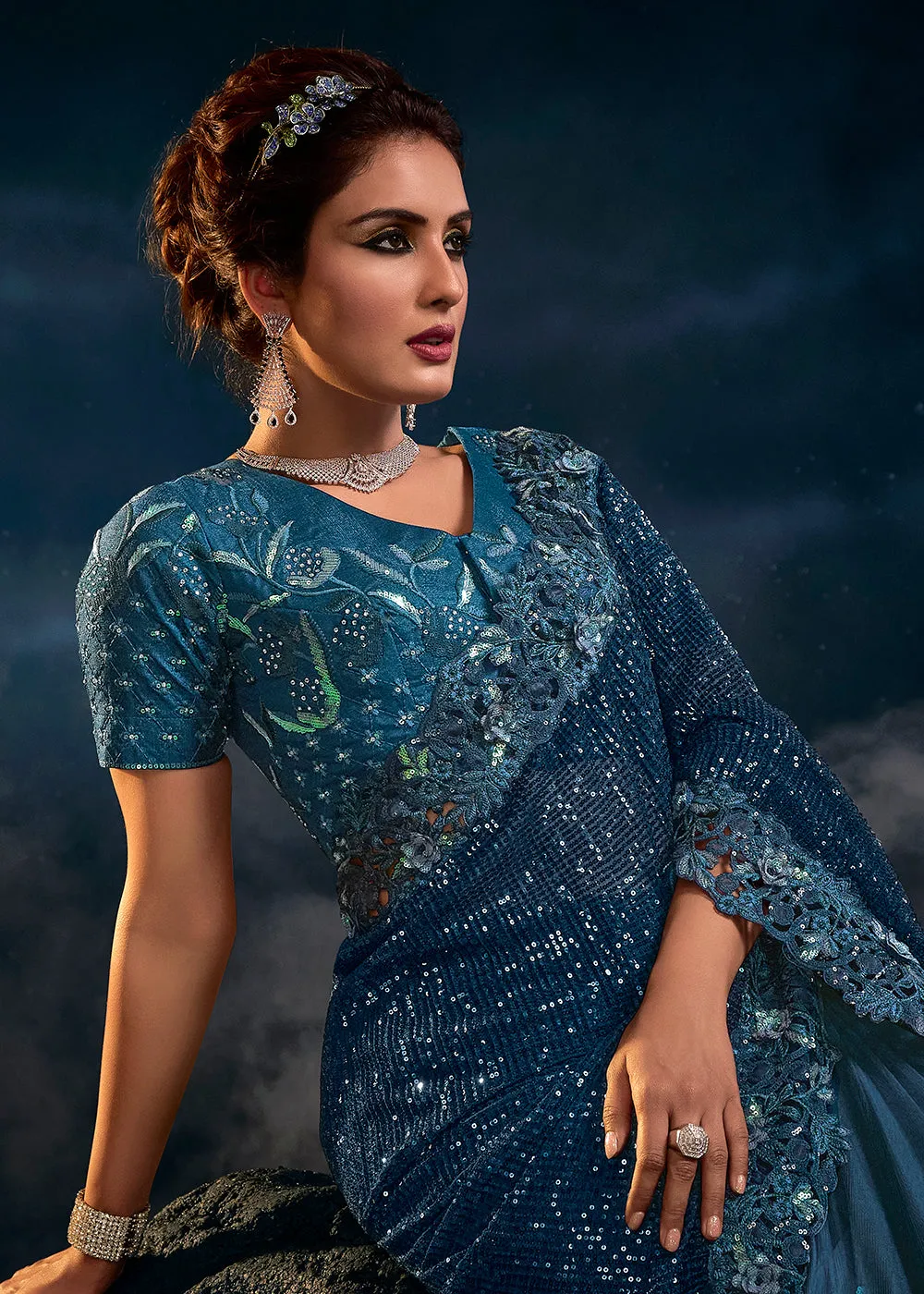 Blazing Blue Premium Net Heavy Embroidered Designer Saree