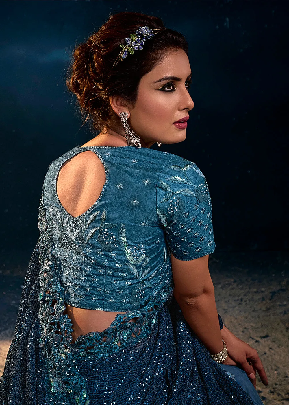 Blazing Blue Premium Net Heavy Embroidered Designer Saree