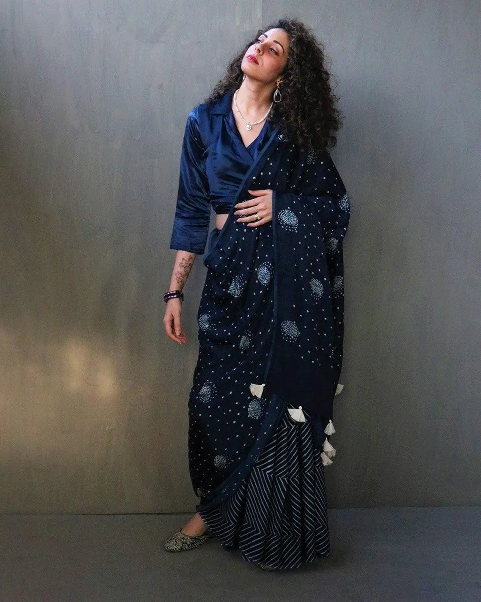 Blue Luna Block Printed Modal Silk Saree