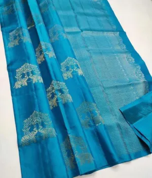 Breathtaking Turquoise Soft Silk Saree With Adorable Blouse Piece