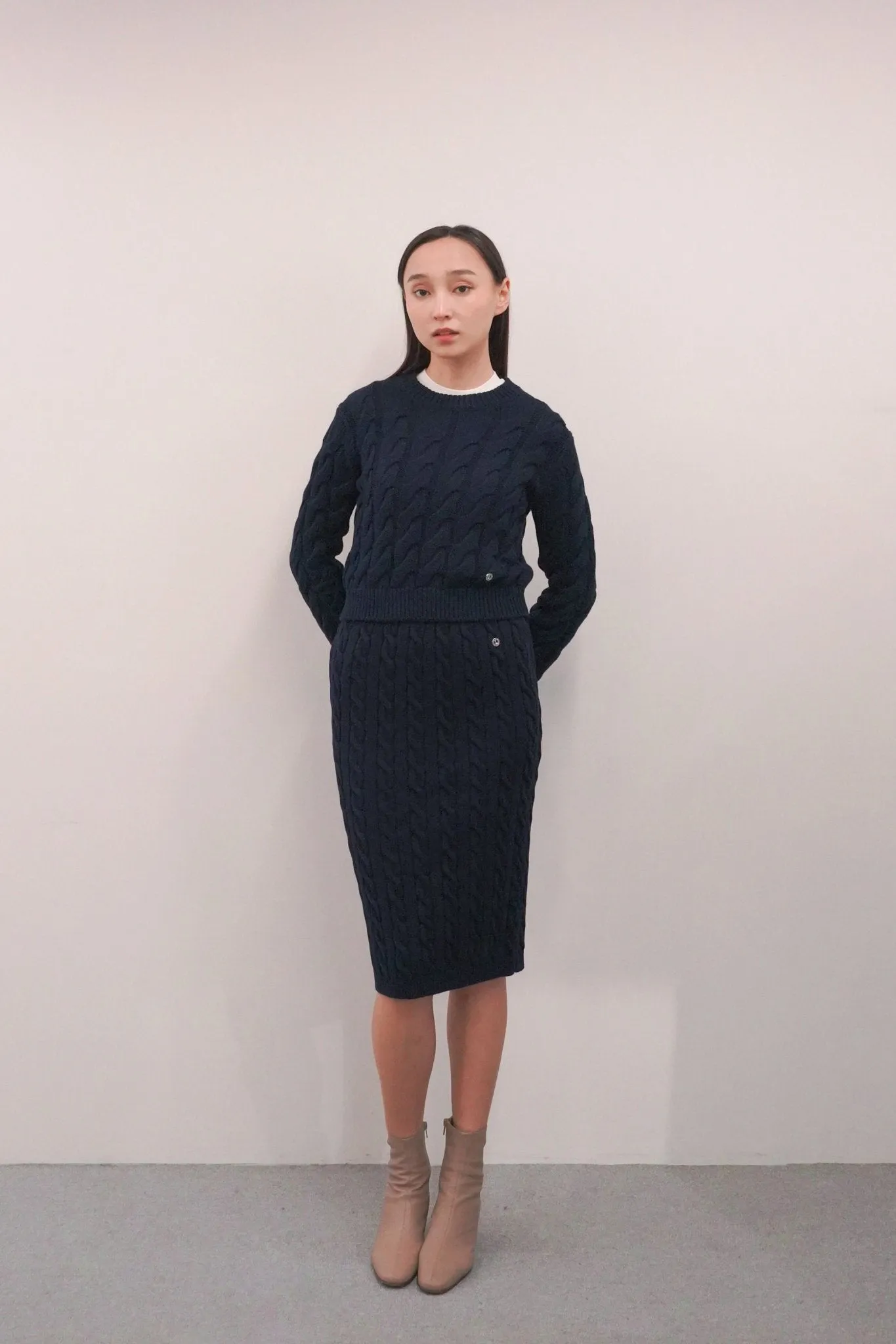 CM cotton cable-knit skirt (Navy)