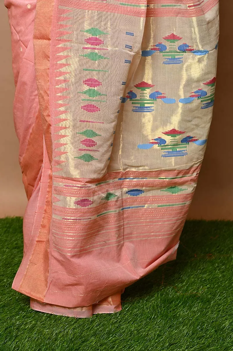 Cotton Paithani - Handloom Fresh Peach Paithani with Traditional Double Pallu