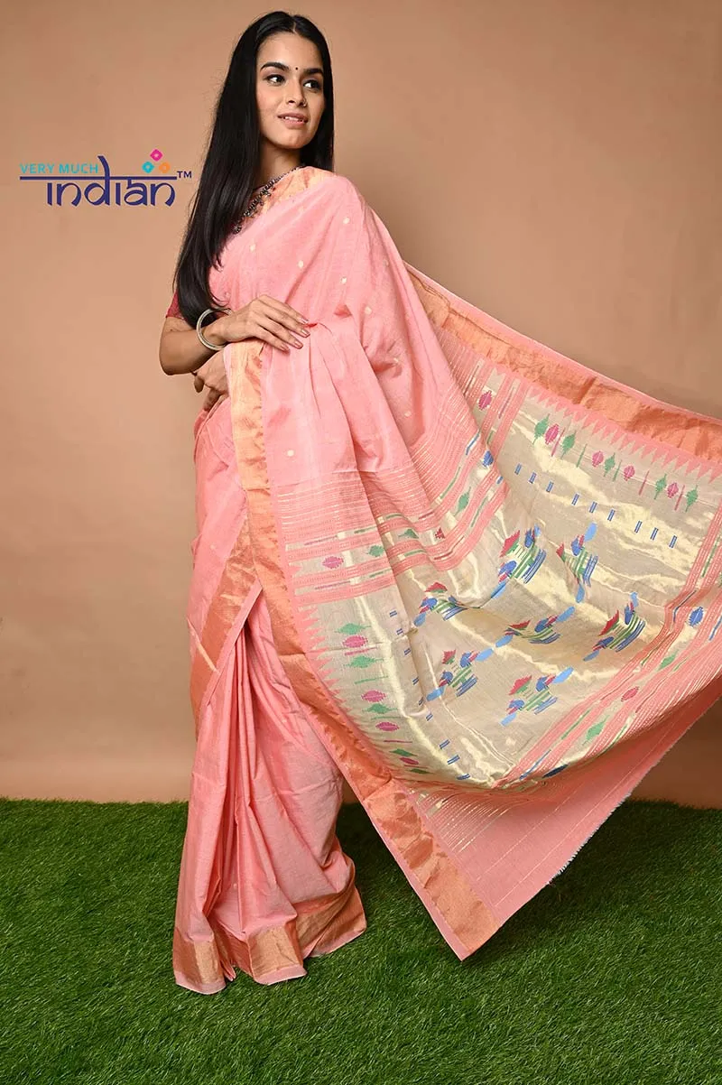 Cotton Paithani - Handloom Fresh Peach Paithani with Traditional Double Pallu