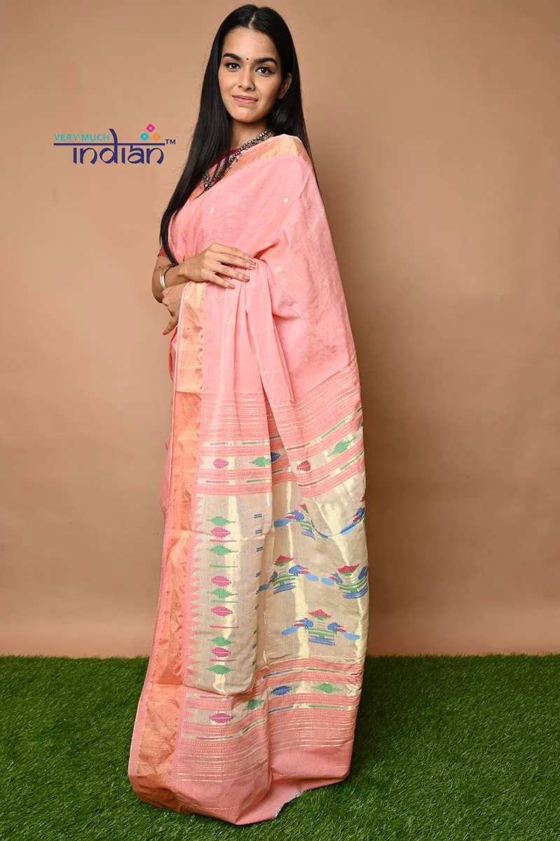 Cotton Paithani - Handloom Fresh Peach Paithani with Traditional Double Pallu