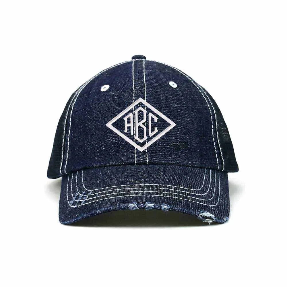 Customized Monogram Washed Denim Trucker Cap