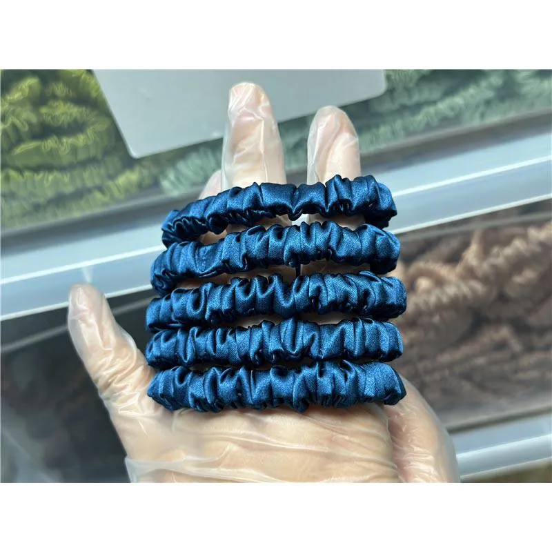 Dark Peacock Blue silk scrunchies mini