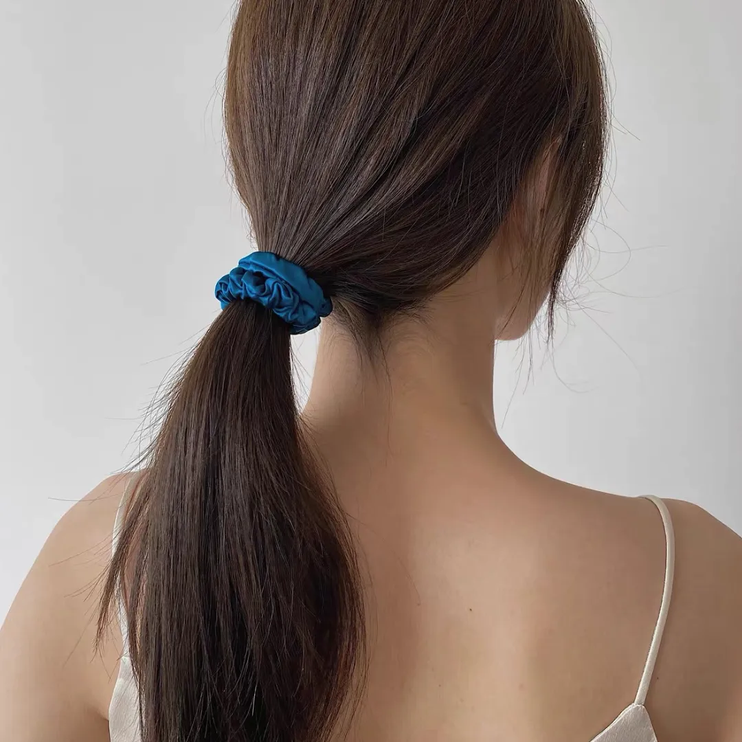 Dark Peacock Blue silk scrunchies mini