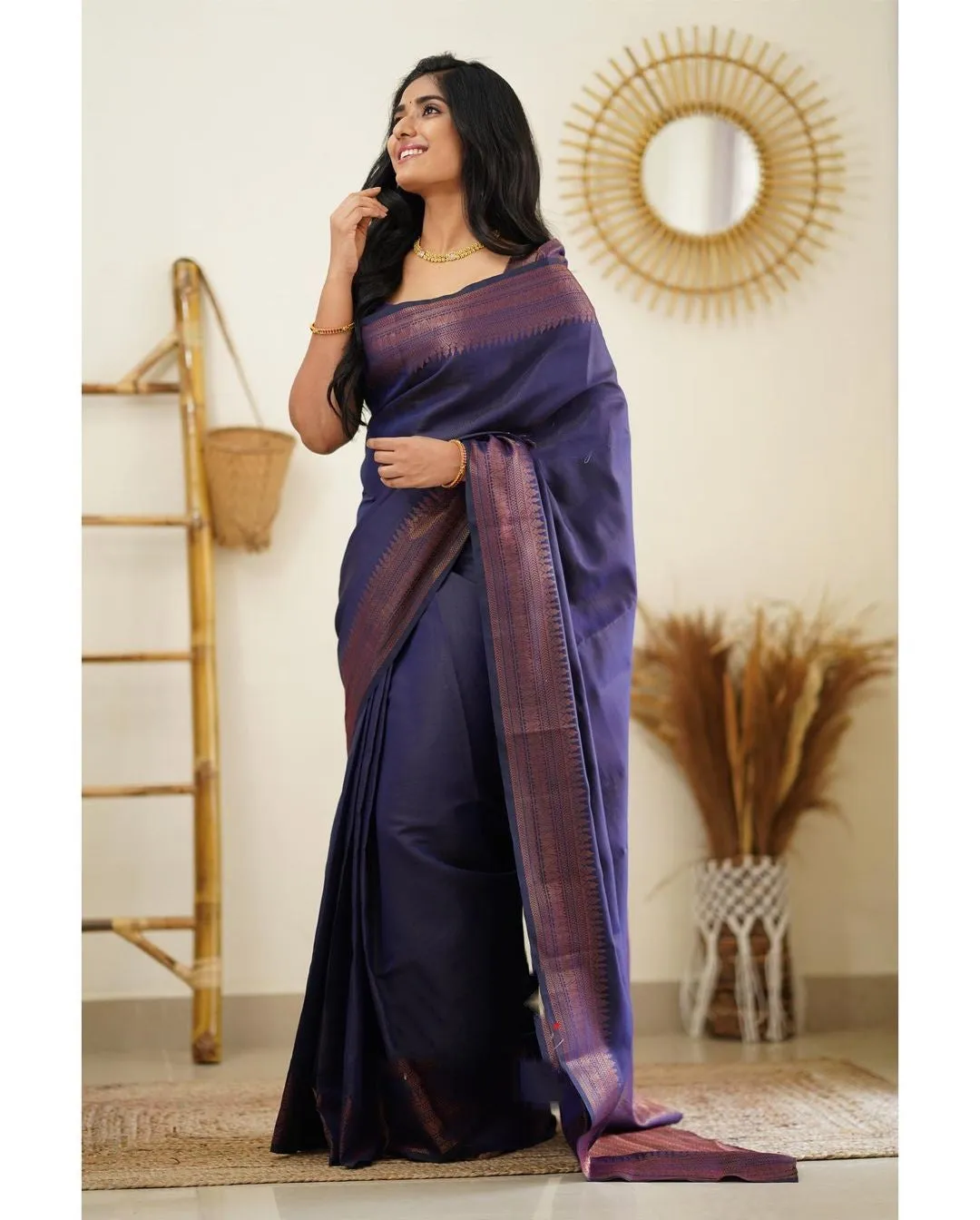 Dissemble Navy Blue Soft Silk Saree With Gossamer Blouse Piece