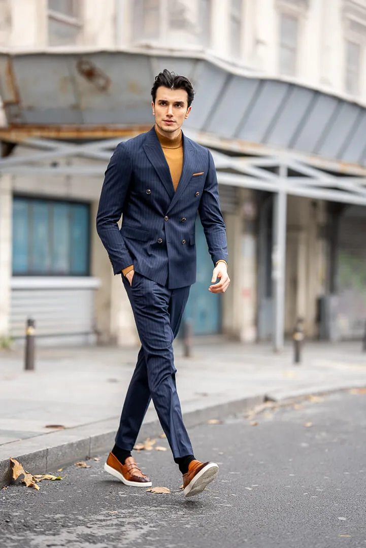 Double-Breasted Navy Blue Men's  Suit