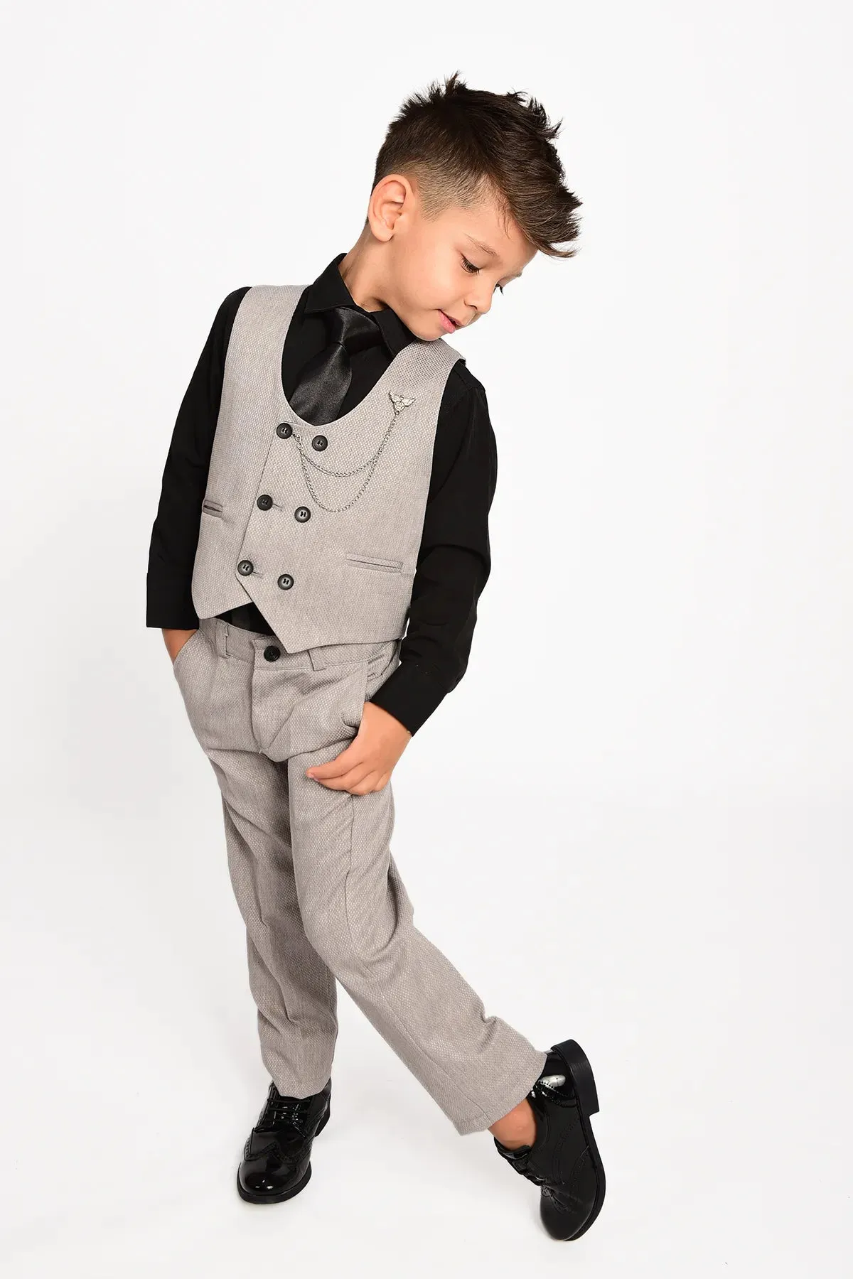 Entel Boy's Grey Chain Tie Tuxedo Suit