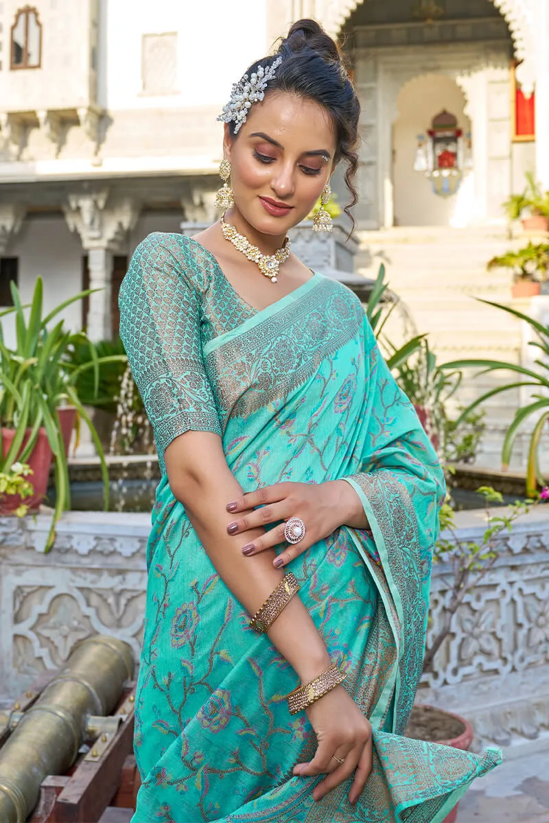 Exceptional Turquoise Pashmina saree With Seraglio Blouse Piece