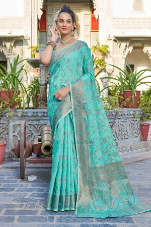 Exceptional Turquoise Pashmina saree With Seraglio Blouse Piece