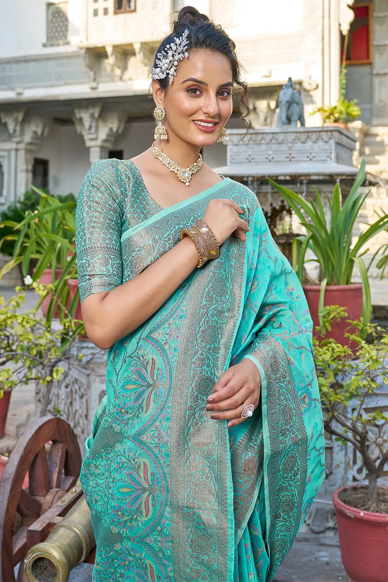 Exceptional Turquoise Pashmina saree With Seraglio Blouse Piece