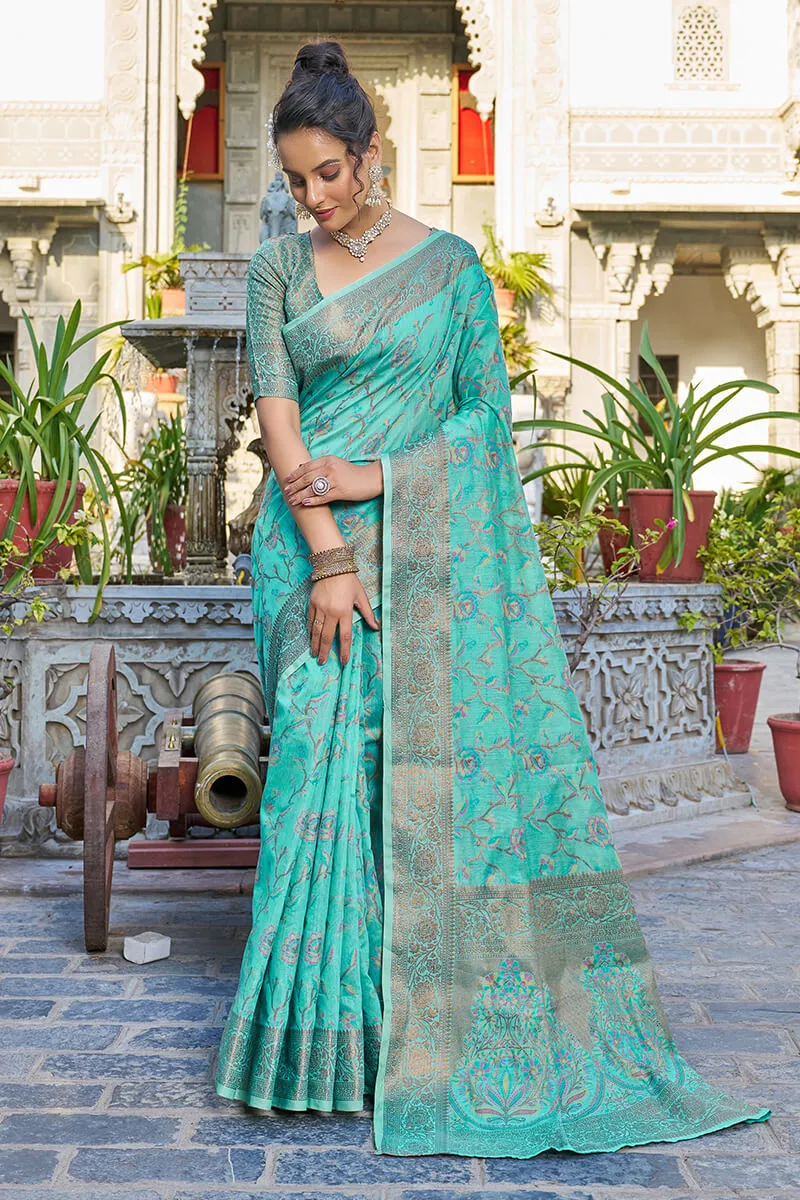 Exceptional Turquoise Pashmina saree With Seraglio Blouse Piece