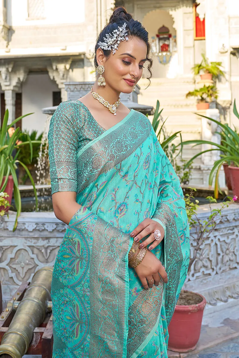 Exceptional Turquoise Pashmina saree With Seraglio Blouse Piece