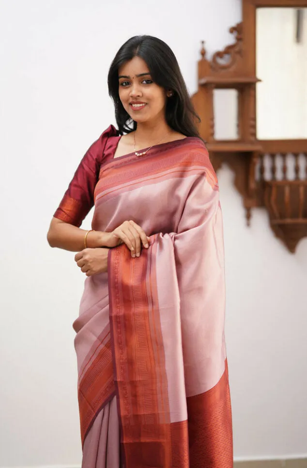 Flattering Baby Pink Soft Silk Saree With Precious Blouse Piece