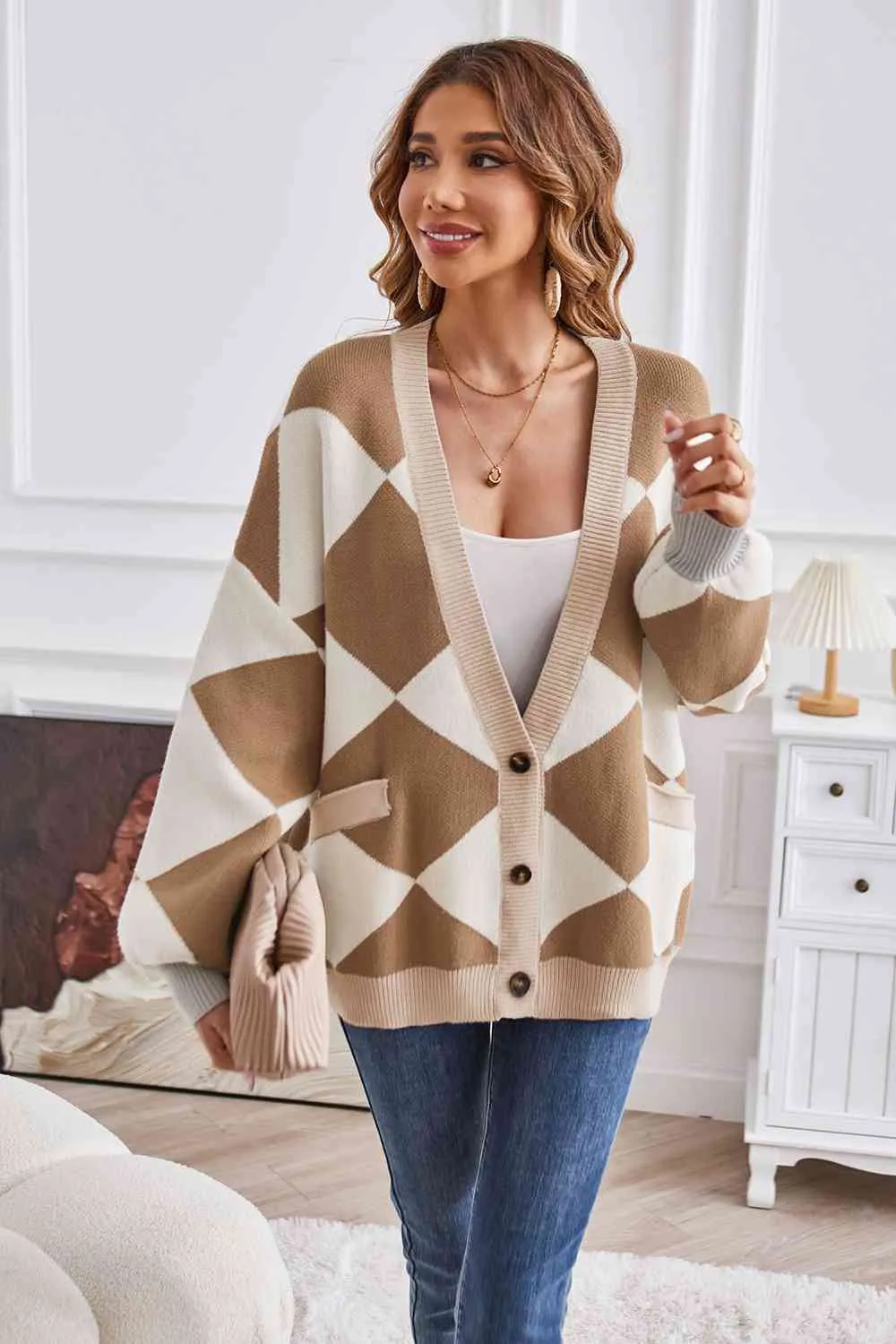 Geometric Lantern Sleeve Cardigan with Pockets