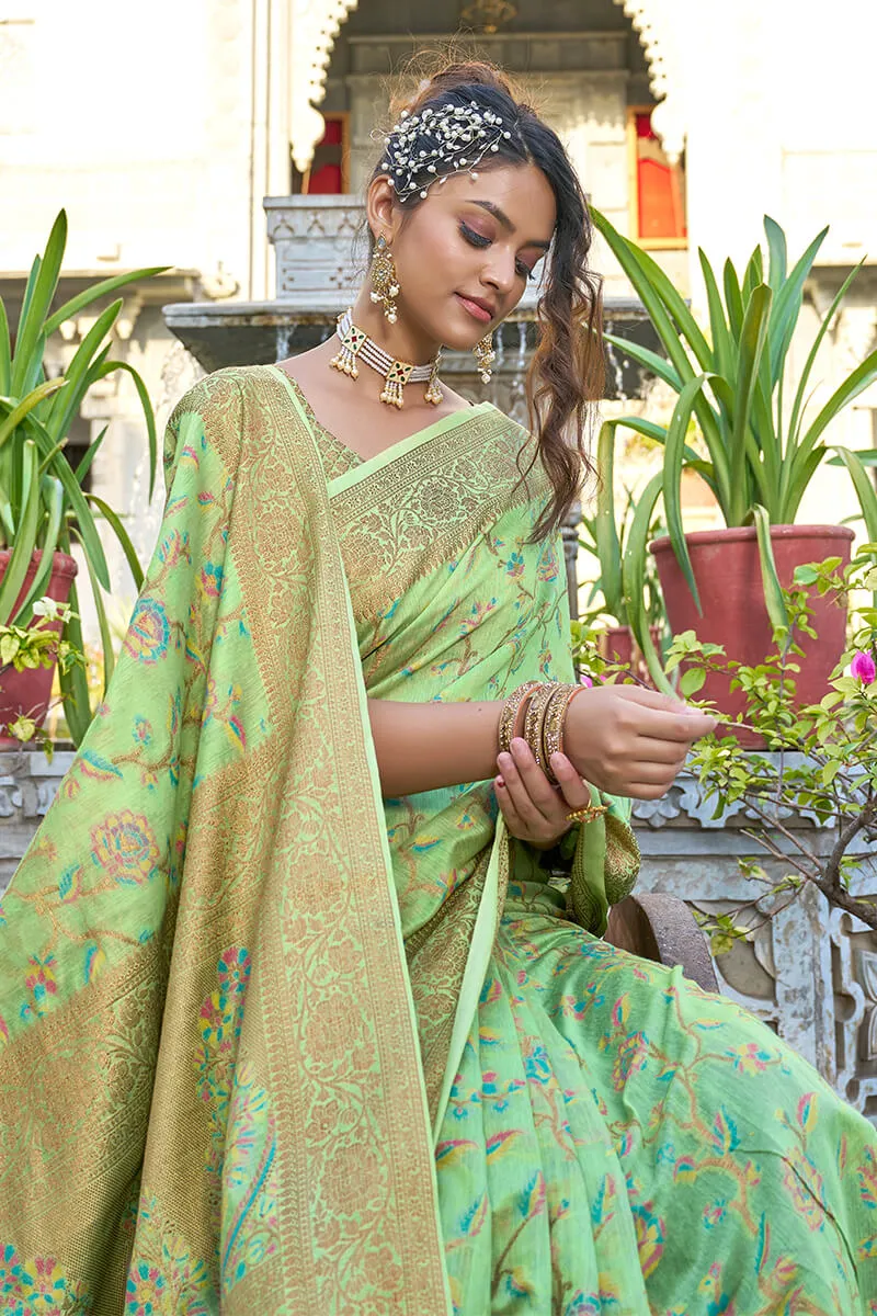 Glorious Pista Pashmina saree With Gossamer Blouse Piece