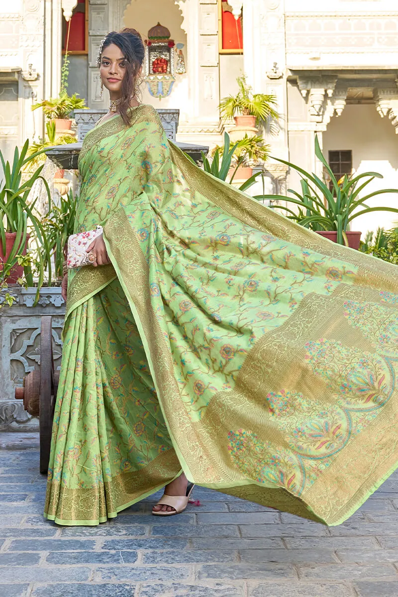 Glorious Pista Pashmina saree With Gossamer Blouse Piece