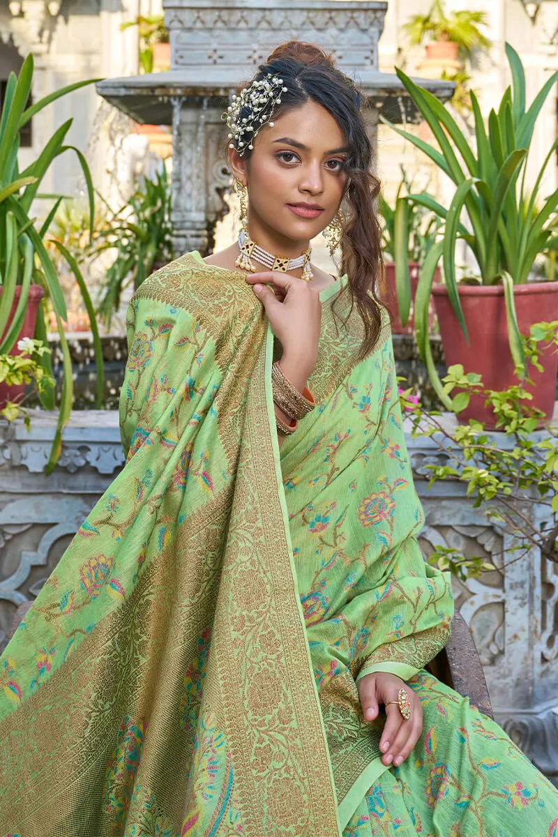 Glorious Pista Pashmina saree With Gossamer Blouse Piece