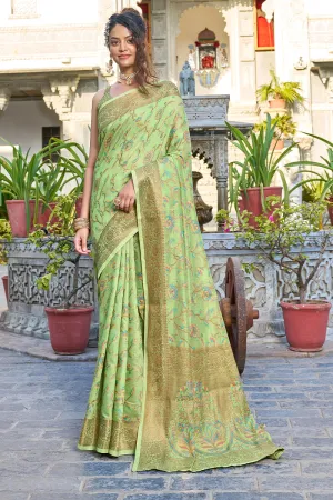 Glorious Pista Pashmina saree With Gossamer Blouse Piece