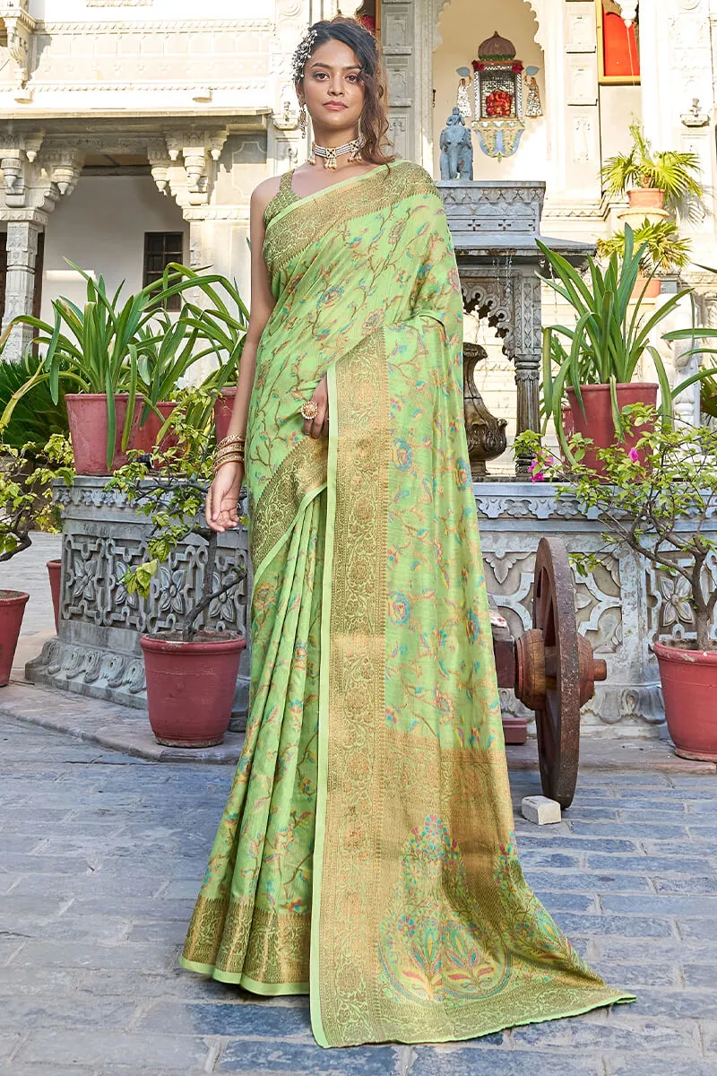 Glorious Pista Pashmina saree With Gossamer Blouse Piece