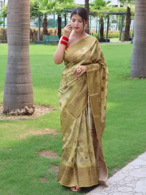 Green Beige Saree in Banarasi Silk Woven with Floral Prints