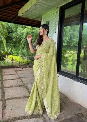 Green Soft Georgette Chikankari Saree with Sequins & Mirror Work