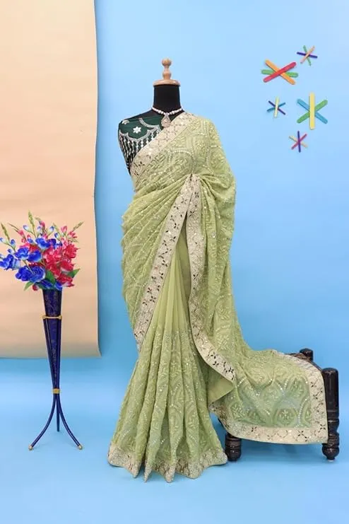 Green Soft Georgette Chikankari Saree with Sequins & Mirror Work