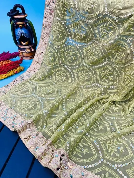 Green Soft Georgette Chikankari Saree with Sequins & Mirror Work