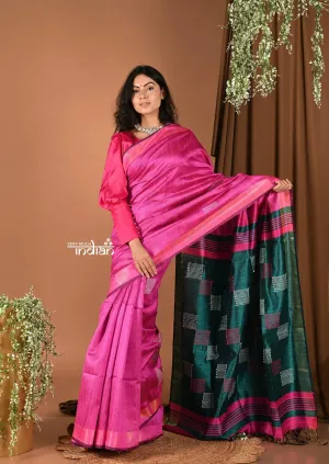 Handloom and Charkha Woven Pure Dupion Silk by Govt certified Weavers - Fushia Pink Shade