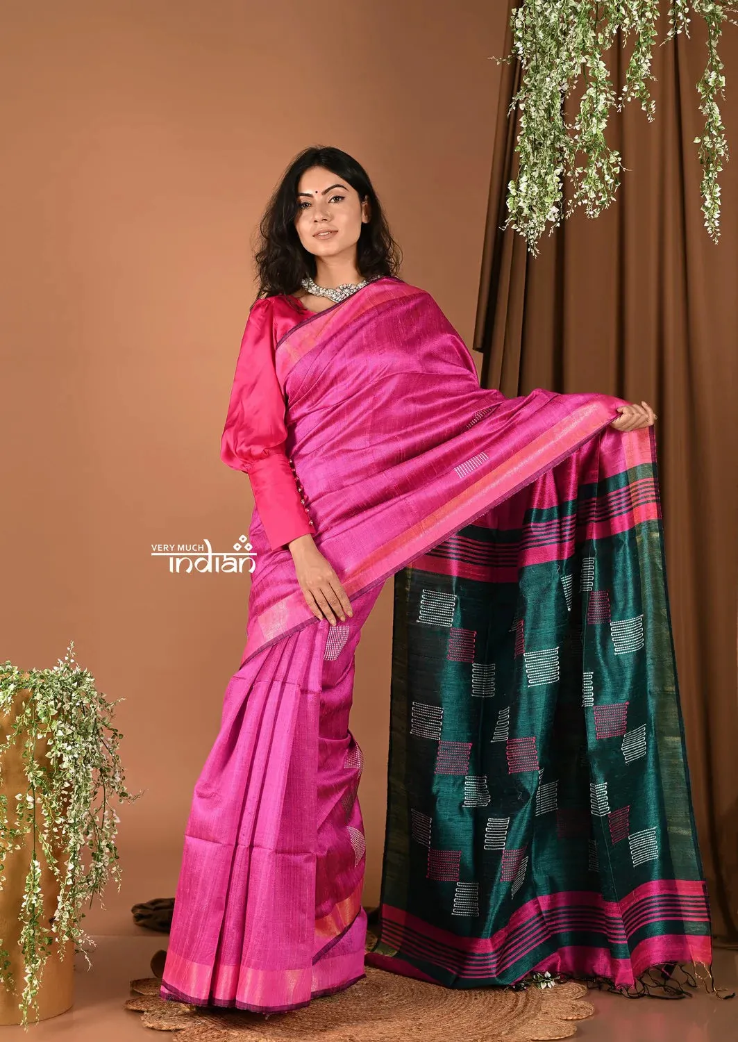 Handloom and Charkha Woven Pure Dupion Silk by Govt certified Weavers - Fushia Pink Shade