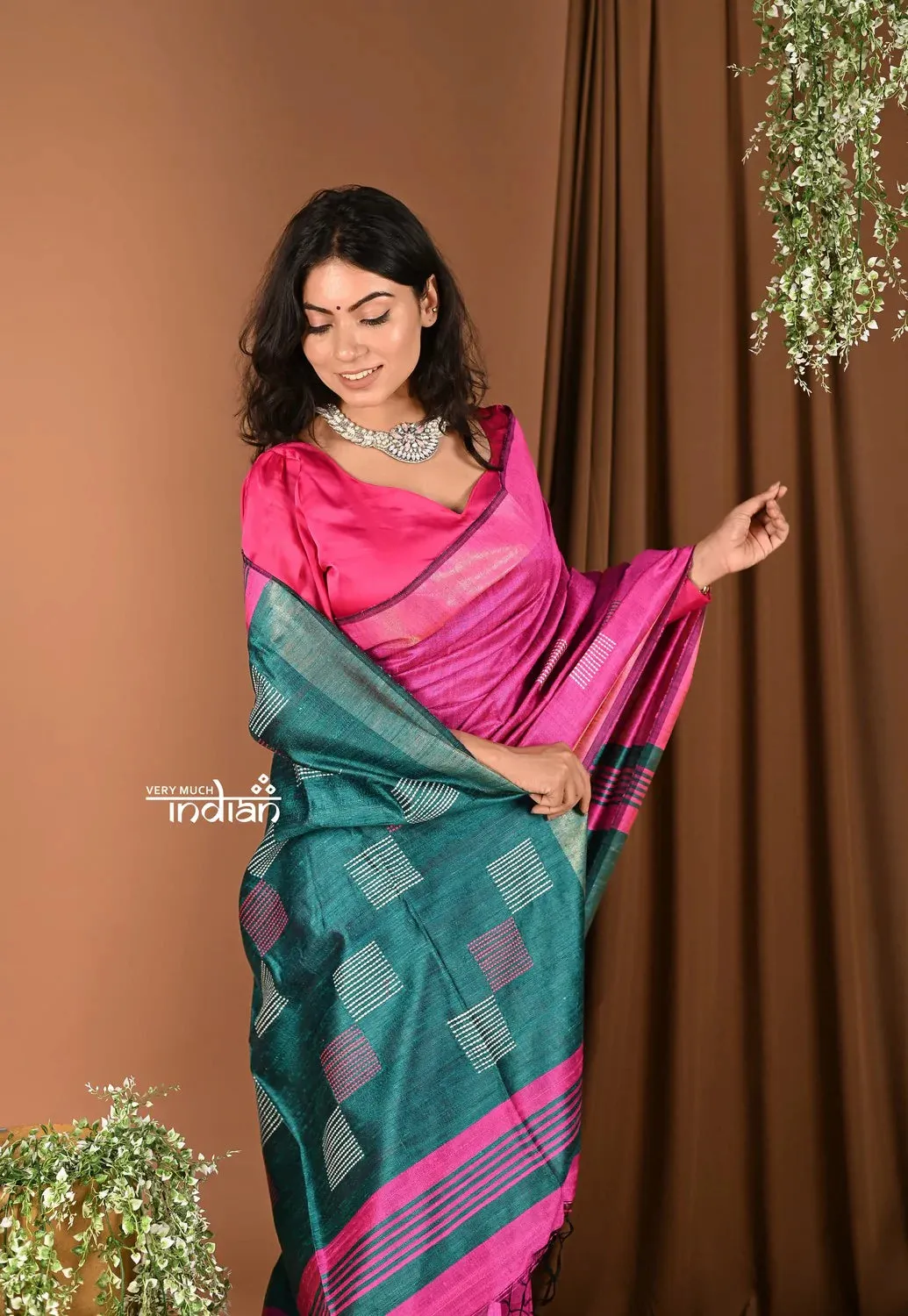 Handloom and Charkha Woven Pure Dupion Silk by Govt certified Weavers - Fushia Pink Shade