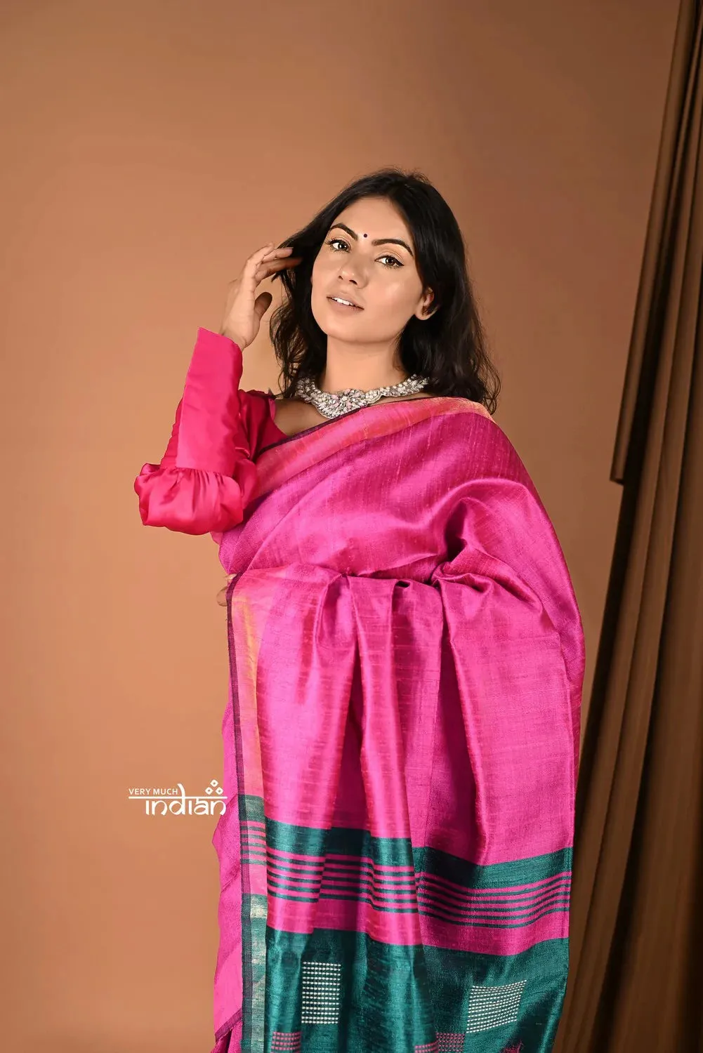 Handloom and Charkha Woven Pure Dupion Silk by Govt certified Weavers - Fushia Pink Shade