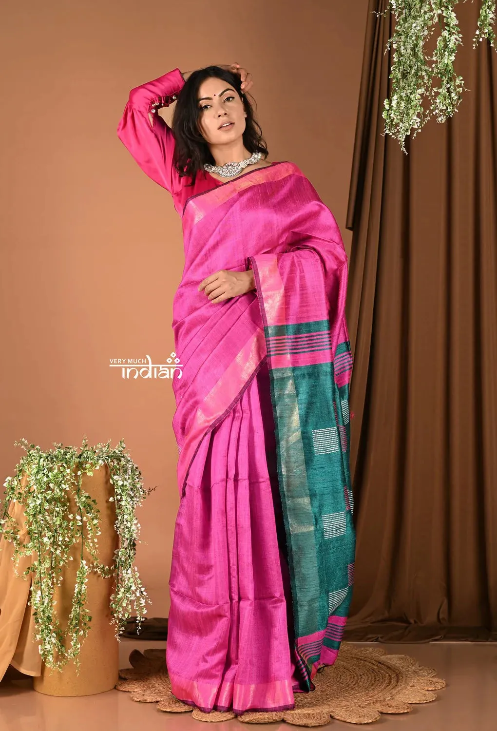 Handloom and Charkha Woven Pure Dupion Silk by Govt certified Weavers - Fushia Pink Shade