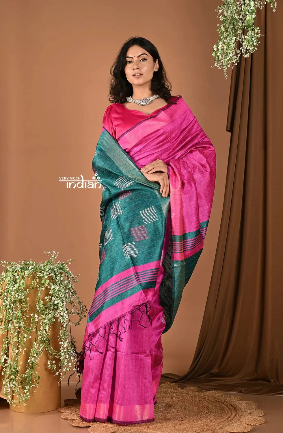 Handloom and Charkha Woven Pure Dupion Silk by Govt certified Weavers - Fushia Pink Shade