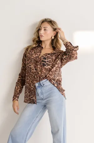 Maddie Long Sleeve Button Down Leopard Print Top Brown