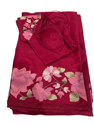 MAROON DOLA SILK TUSAR SAREE WITH INTRICATE FLORAL EMBROIDERY