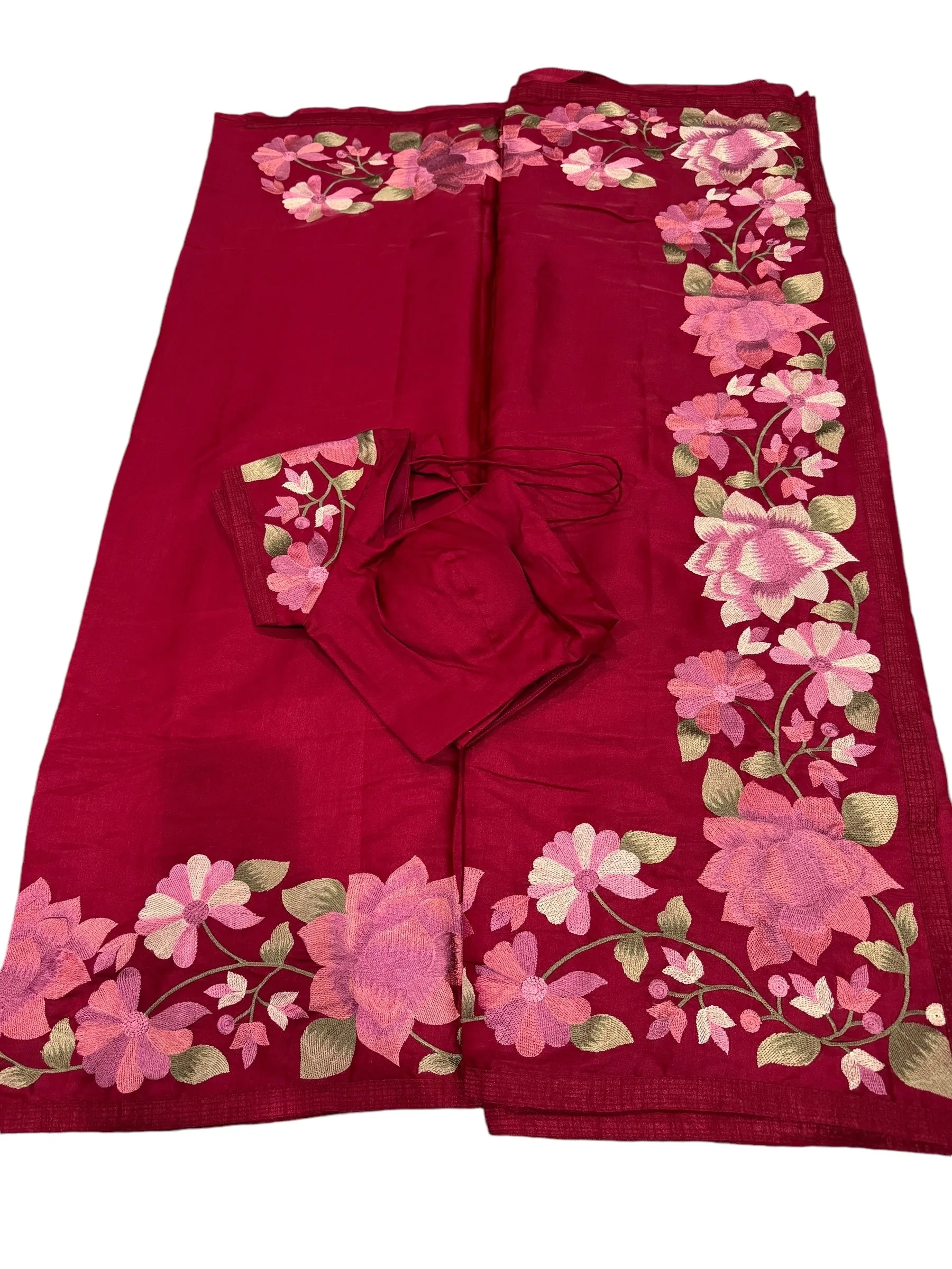 MAROON DOLA SILK TUSAR SAREE WITH INTRICATE FLORAL EMBROIDERY