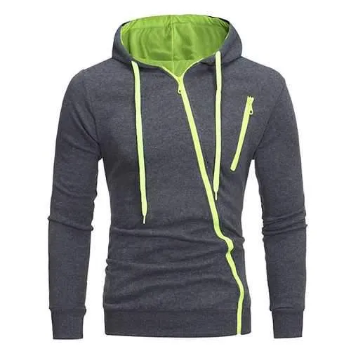 Men's Diagonal Zipper Hoodies Drawstring Casual Sweatshirt