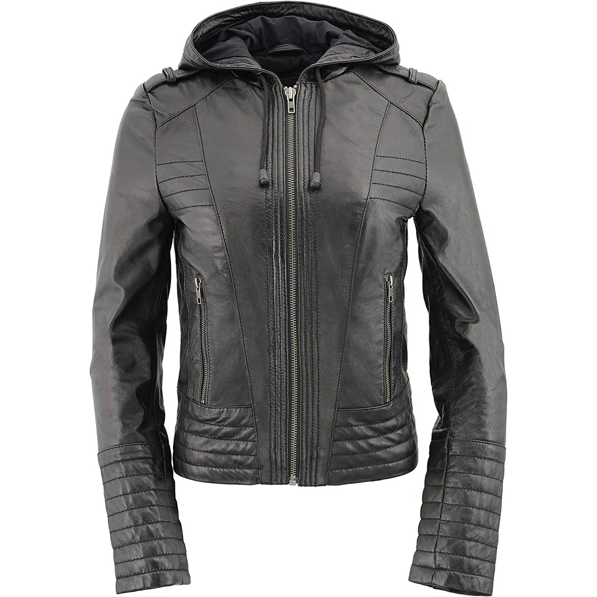 Milwaukee Leather SFL3554 Women's Black Scuba Style Zippered Front Motorcycle Fashion Leather Jacket with Hoodie