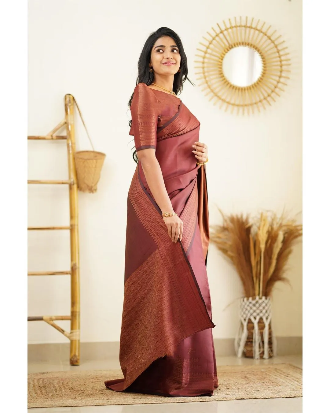 Moiety Wine Soft Silk Saree With Palimpsest Blouse Piece